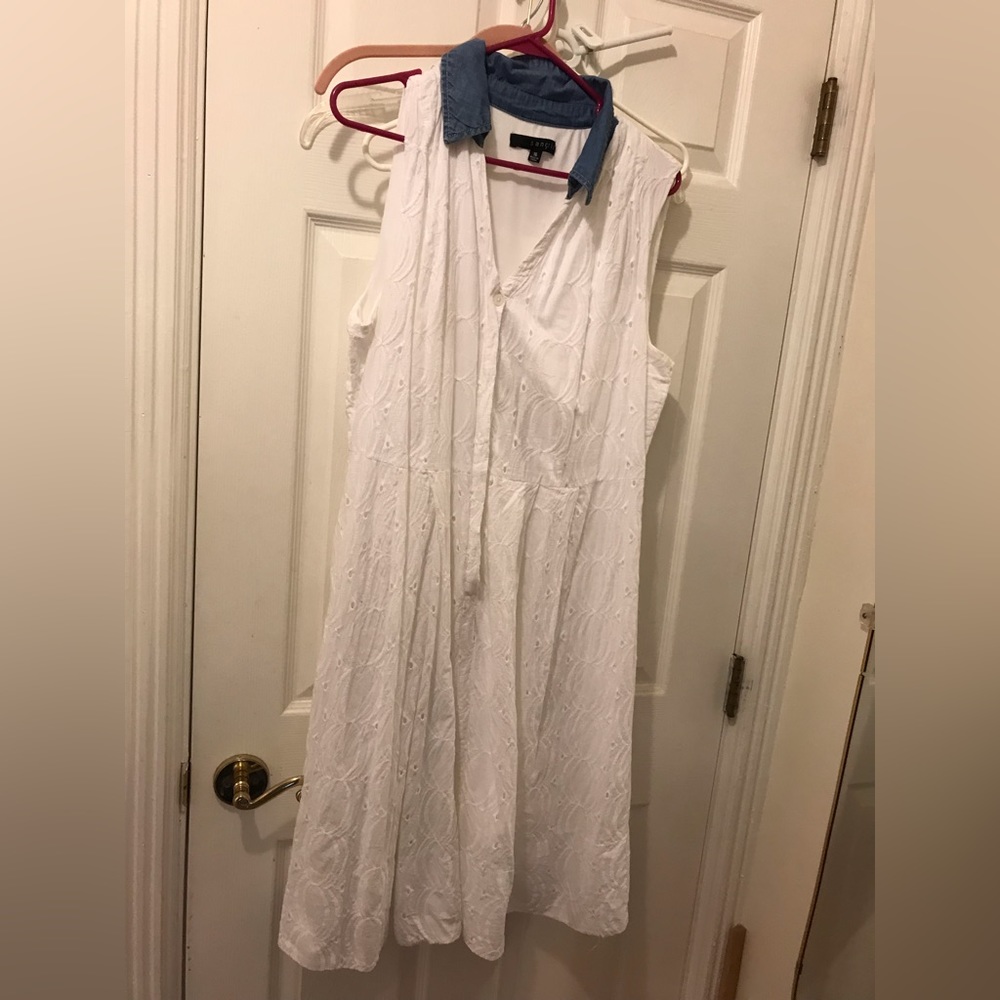 Sangria white eyelet shirt dress with chambray collar